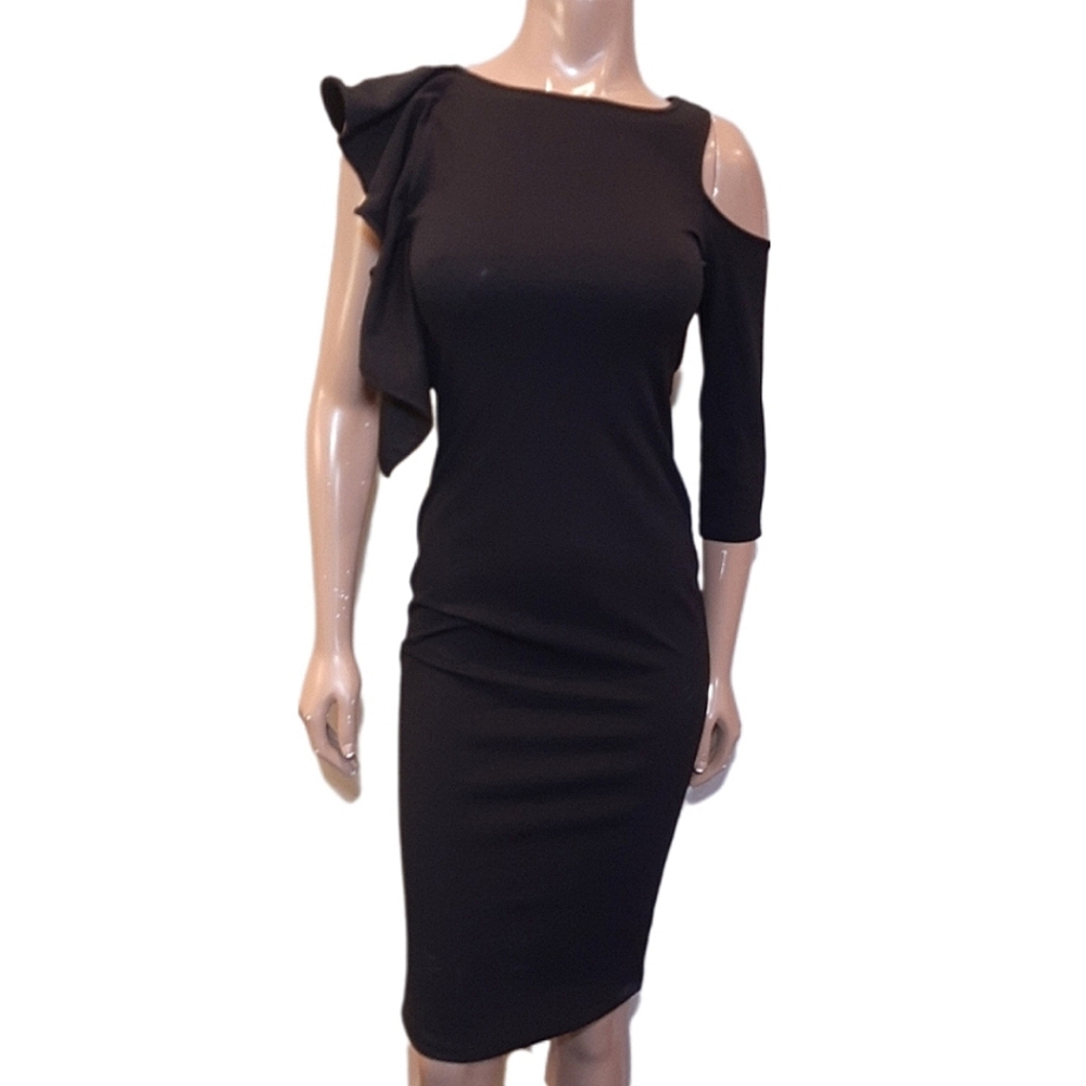 Zara Asymmetric LBD Black Dress Ruffle Midi Bodycon Womens Size Small Gothic